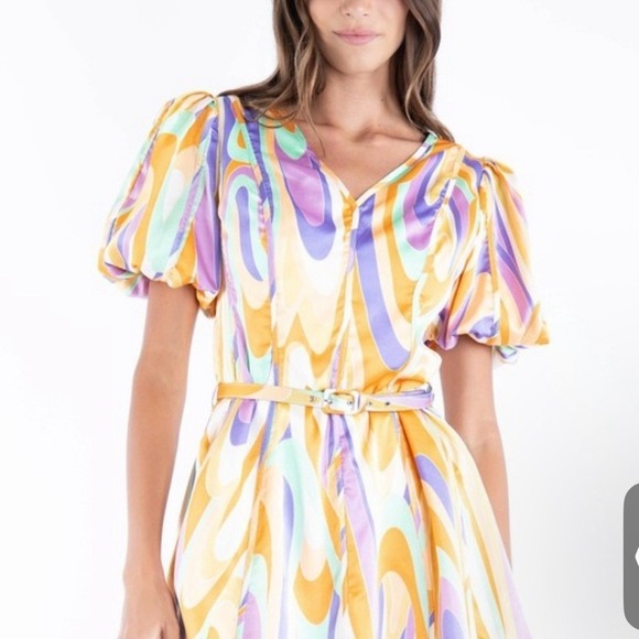 Rosevelvet Dresses & Skirts - Rosevelvet Retro Psychedelic Swirl Puff Sleeve Mini Dress Orange Purple Small‎
